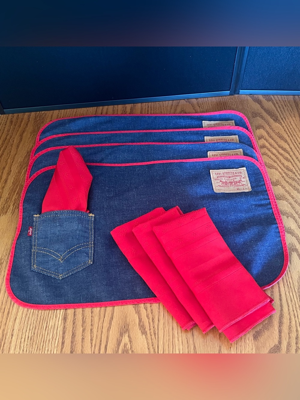 Four Levi's Dark Blue Denim Placemats with Bright Red Trim and Napkins